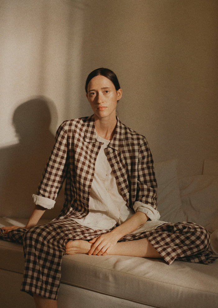 Gingham Linen Cotton Patch Pocket Pants | Dark Chocolate/Ecru