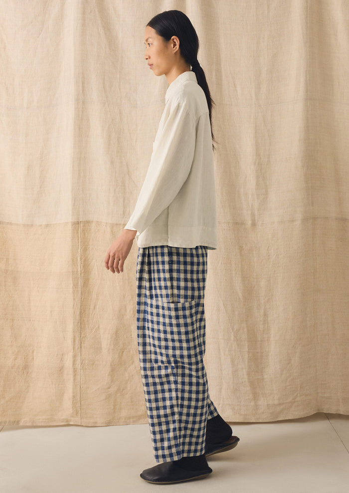 Gingham Linen Cotton Patch Pocket Pants | Denim Blue
