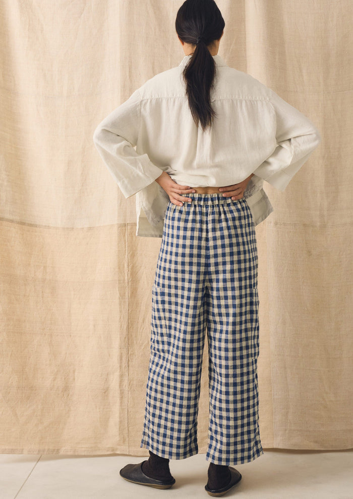 Gingham Linen Cotton Patch Pocket Pants | Denim Blue