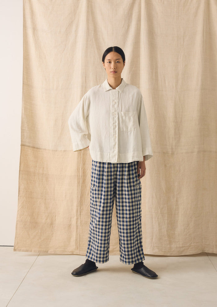 Gingham Linen Cotton Patch Pocket Pants | Denim Blue