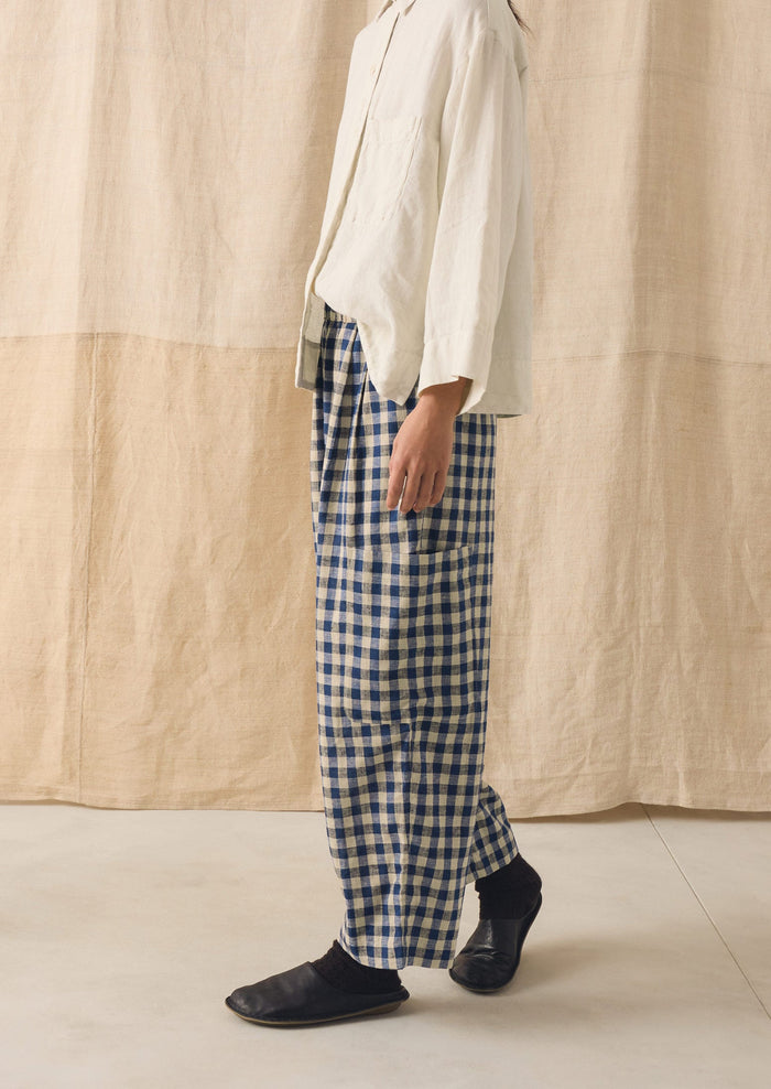 Gingham Linen Cotton Patch Pocket Pants | Denim Blue