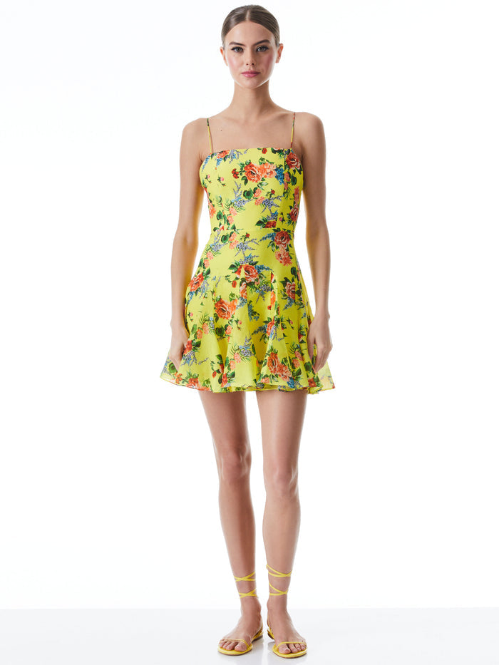 GINNY SPAGHETTI STRAP GODET DRESS - FLORAL EXPRESS LEMON SORBET