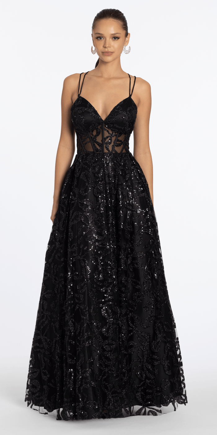 black/size/4/missy/Camille La Vie/Glitter Illusion Sweetheart Corset Ballgown with Pockets /front