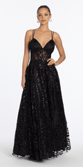 black/size/4/missy/Camille La Vie/Glitter Illusion Sweetheart Corset Ballgown with Pockets /front alt