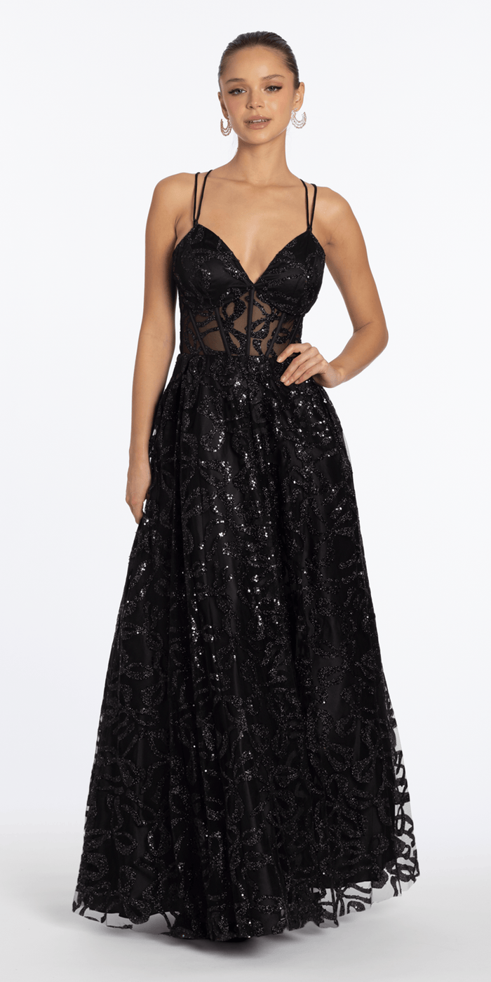 black/size/4/missy/Camille La Vie/Glitter Illusion Sweetheart Corset Ballgown with Pockets /front alt