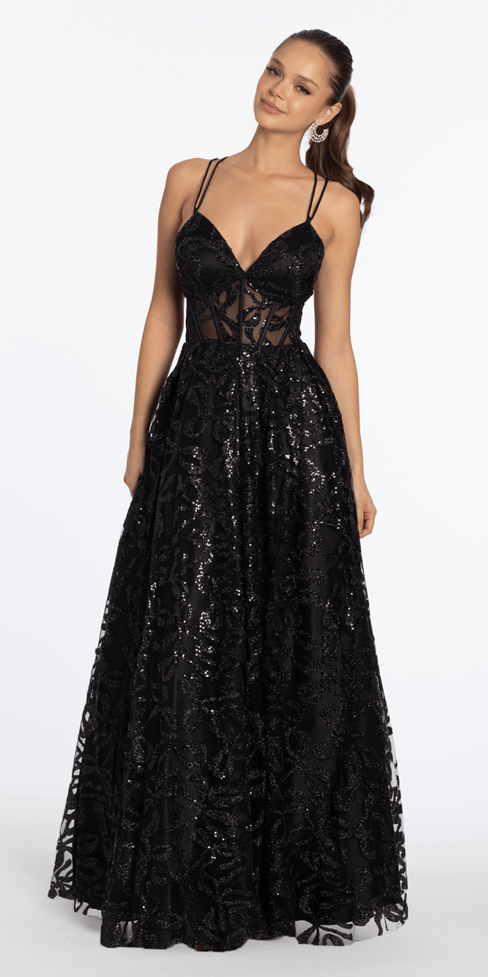 black/size/4/missy/Camille La Vie/Glitter Illusion Sweetheart Corset Ballgown with Pockets /front alt 2