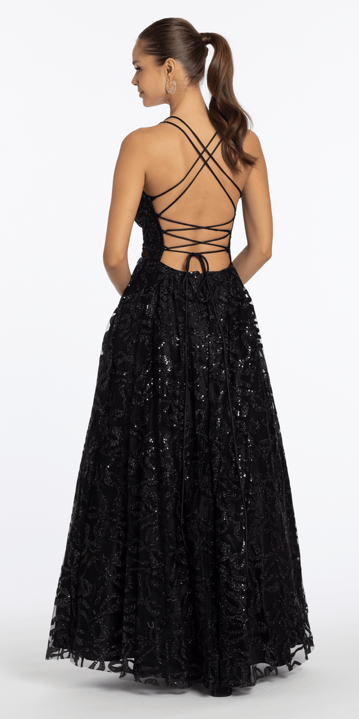 black/size/4/missy/Camille La Vie/Glitter Illusion Sweetheart Corset Ballgown with Pockets /back