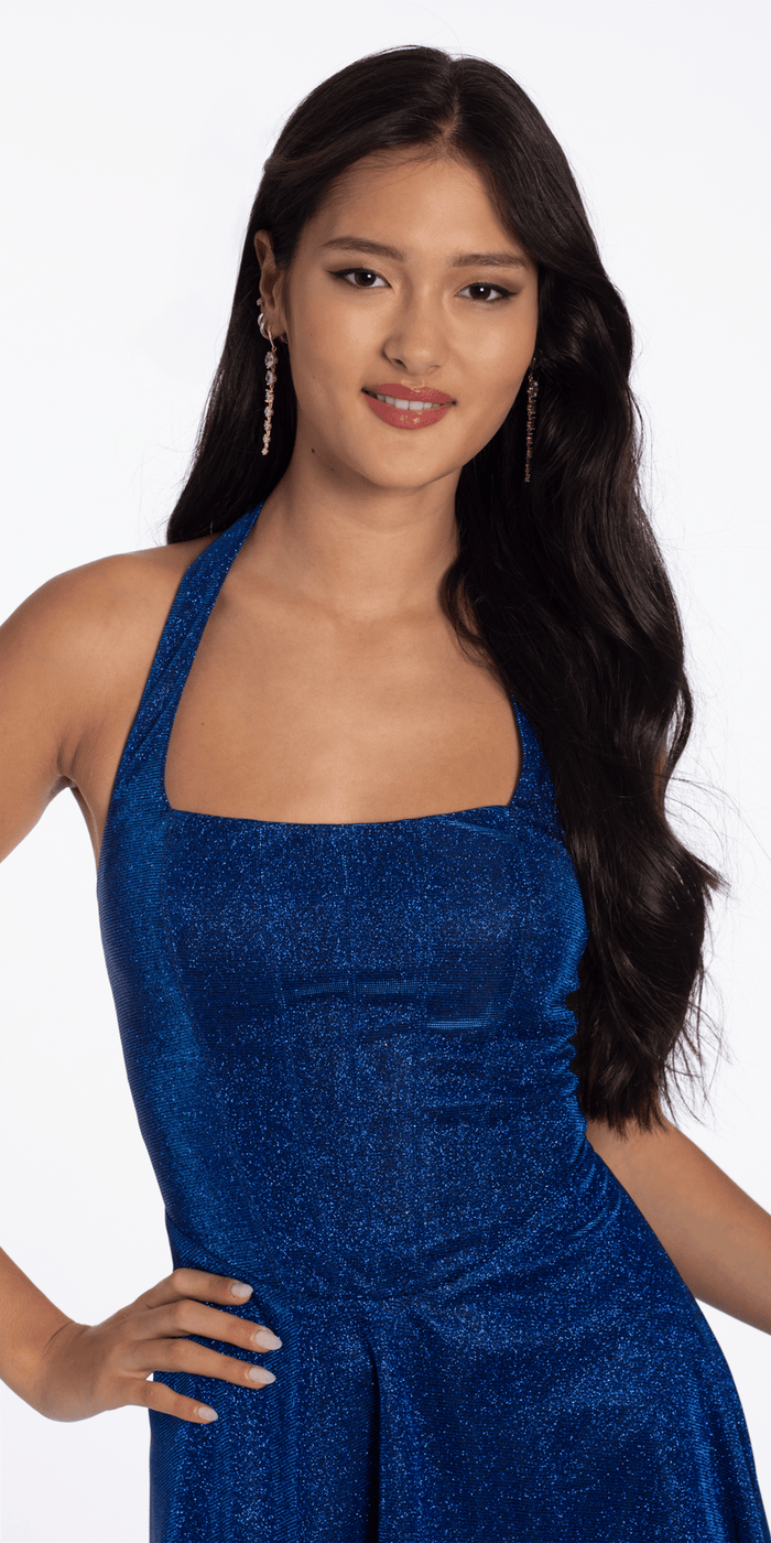 Camille La Vie Glitter Knit Embellished Corset Back Halter Skater Dress
