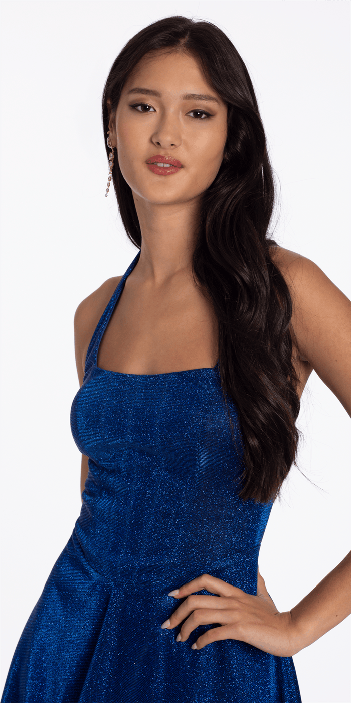 Camille La Vie Glitter Knit Embellished Corset Back Halter Skater Dress
