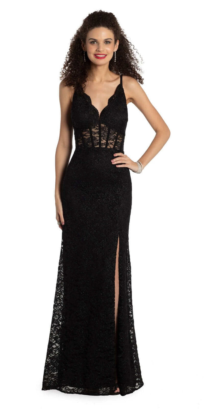 black/size/4/missy/Camille La Vie/Glitter Lace Scallop V Neck Corset Column Dress /front