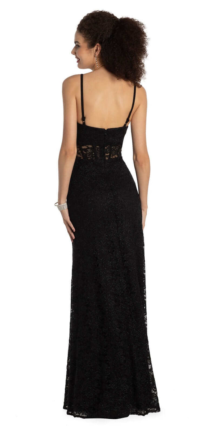 black/size/4/missy/Camille La Vie/Glitter Lace Scallop V Neck Corset Column Dress/back