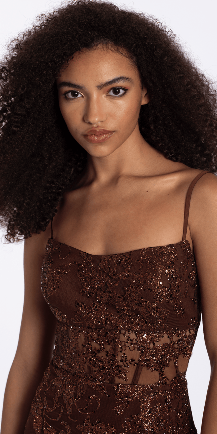 brown/size/4/missy/Camille La Vie /Glitter Mesh Bodycon Dress with Illusion Corset Bodice/close up