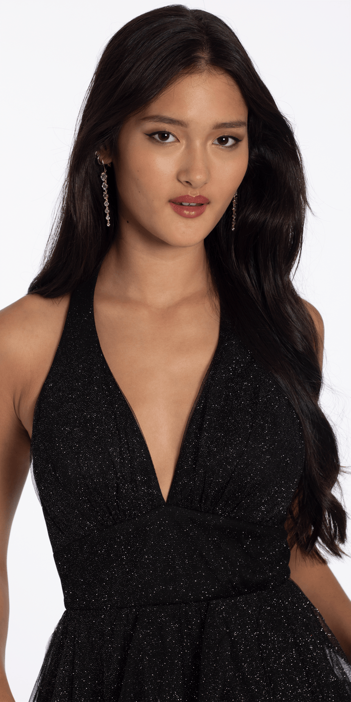 Camille La Vie Glitter Mesh Halter Fit and Flare Dress with Tendrils