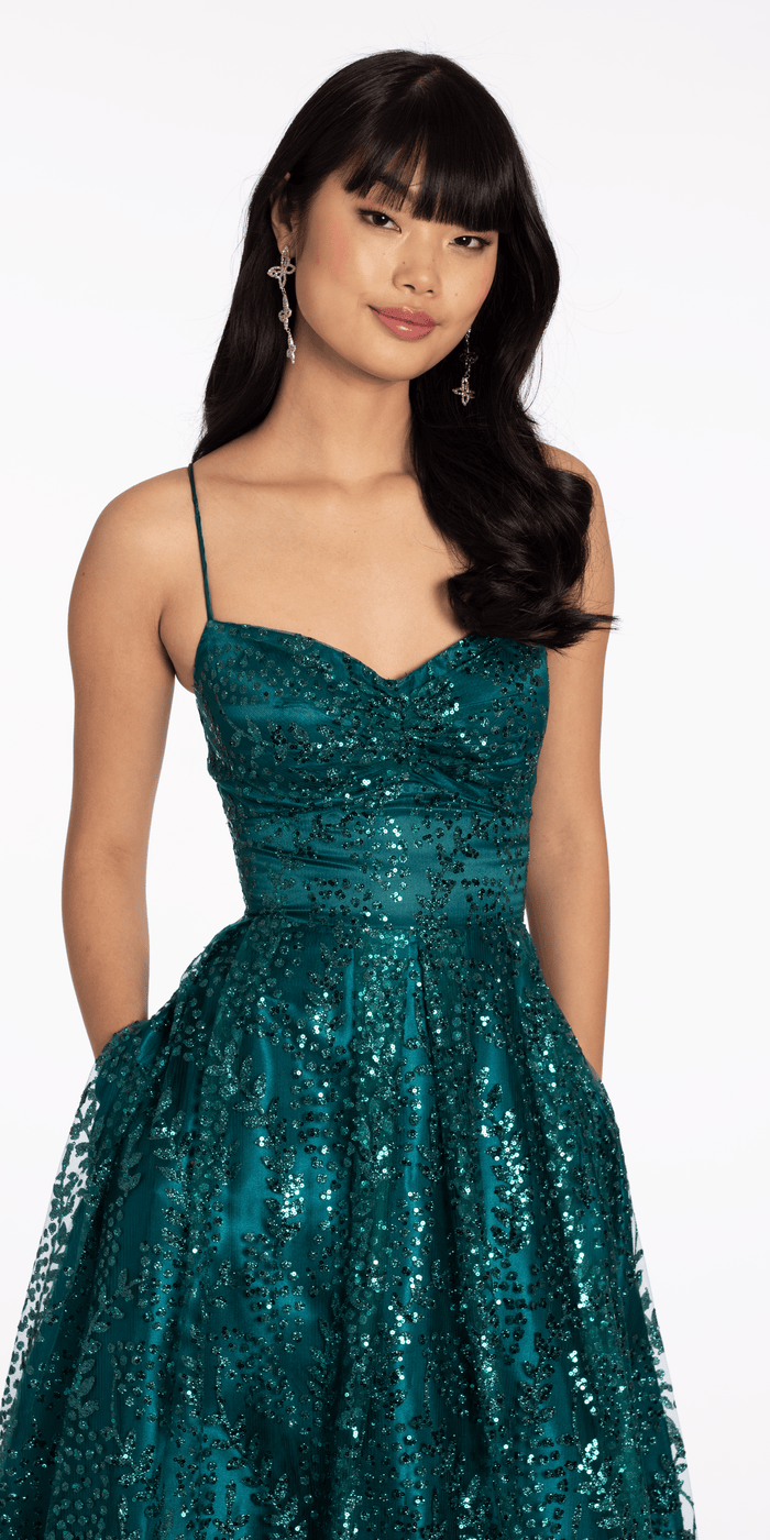 teal/size/4/missy/Camille La Vie/Glitter Mesh Sweetheart Lace Up Back Ballgown/close up