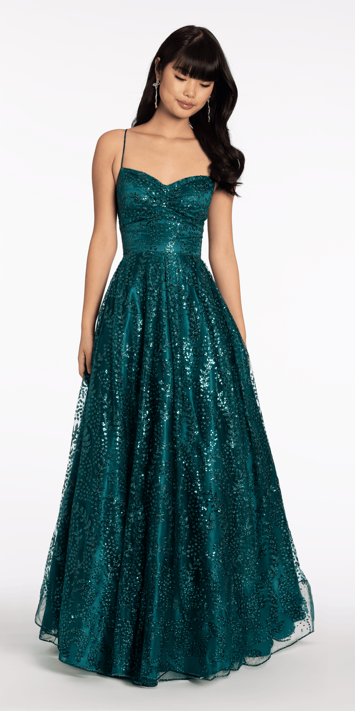 Glitter Mesh Sweetheart Lace Up Back Ballgown - Camille La Vie