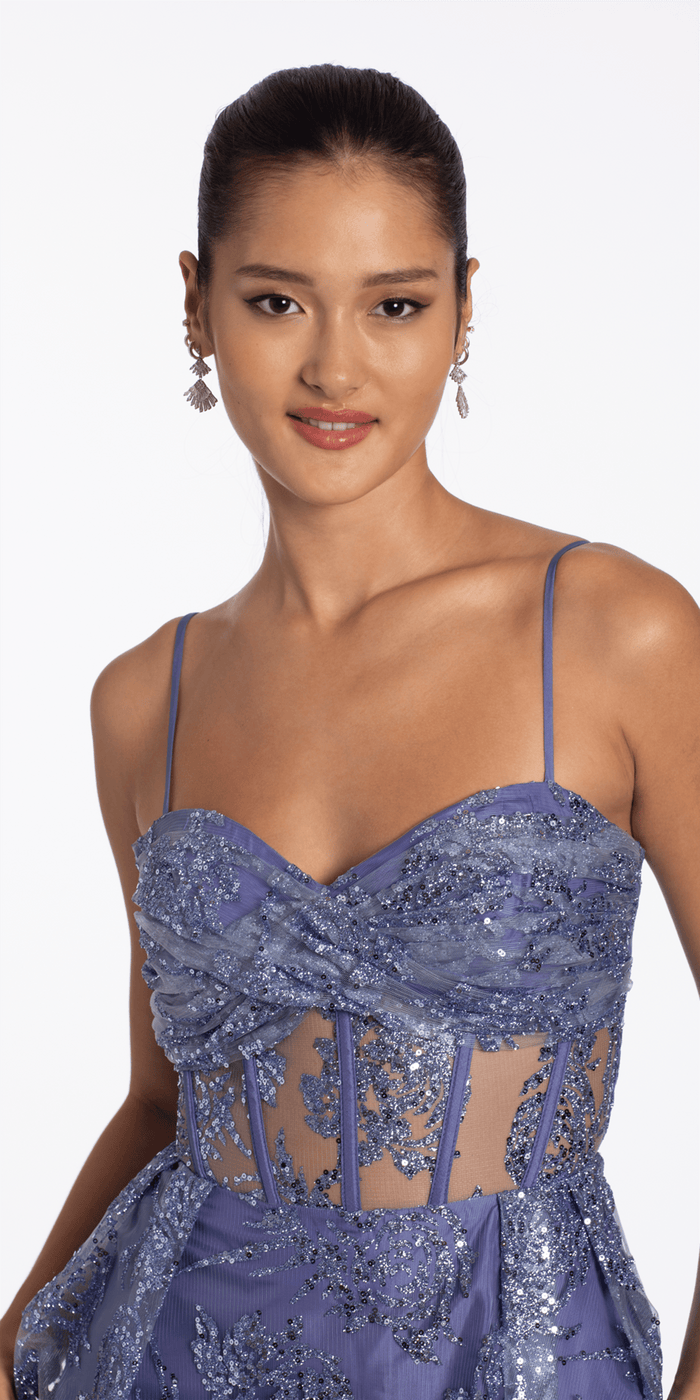 Camille La Vie Glitter Mesh Twist Bodice Corset Fit and Flare Dress junior / 0 / periwinkle