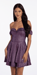 Camille La Vie Glitter Metallic Off the Shoulder Tiered Fit and Flare Dress junior / 4 / grape