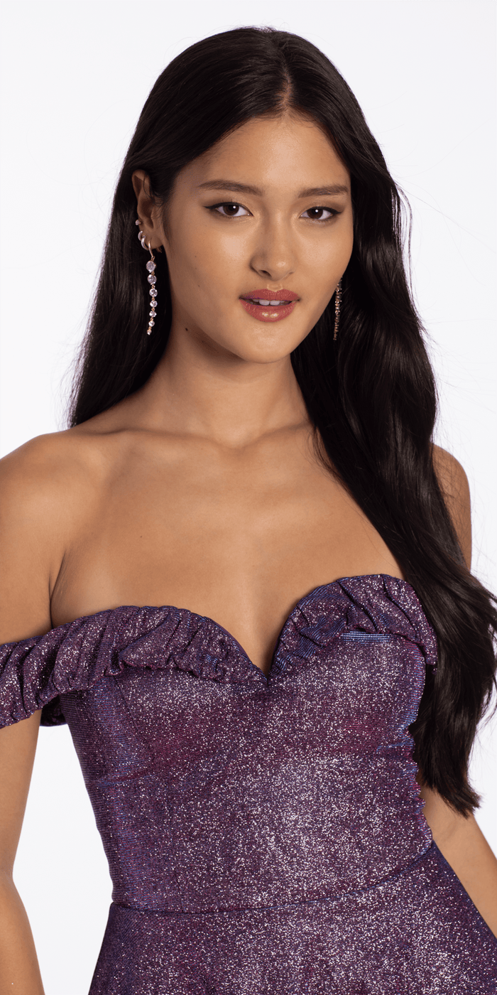 Camille La Vie Glitter Metallic Off the Shoulder Tiered Fit and Flare Dress