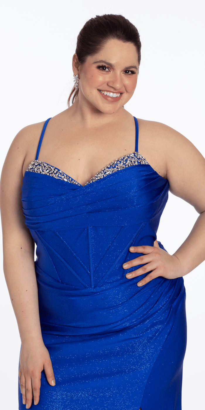 royal-blue/size/14/plus/Camille La Vie/Glitter Stretch Sweetheart Corset Column Dress with Rhinestones/close up