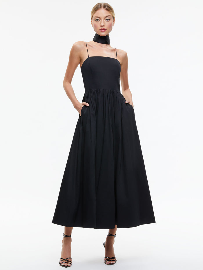 GLYNIS SPAGHETTI STRAP SCARF MIDI DRESS - BLACK