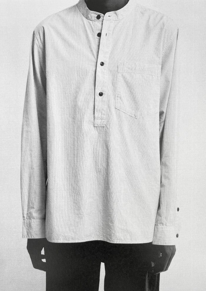 Grandad Collar Stripe Pullover Shirt | Sunwashed Blue