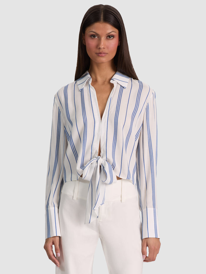 HANNON TIE FRONT BLOUSE - OFF WHITE/BLUE IRIS