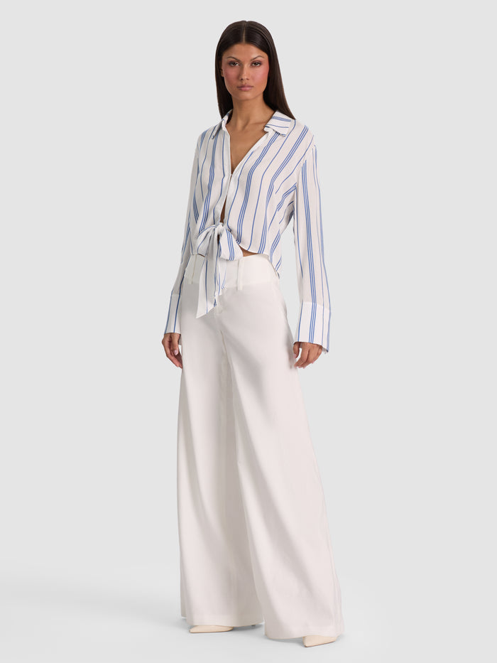 HANNON TIE FRONT BLOUSE - OFF WHITE/BLUE IRIS
