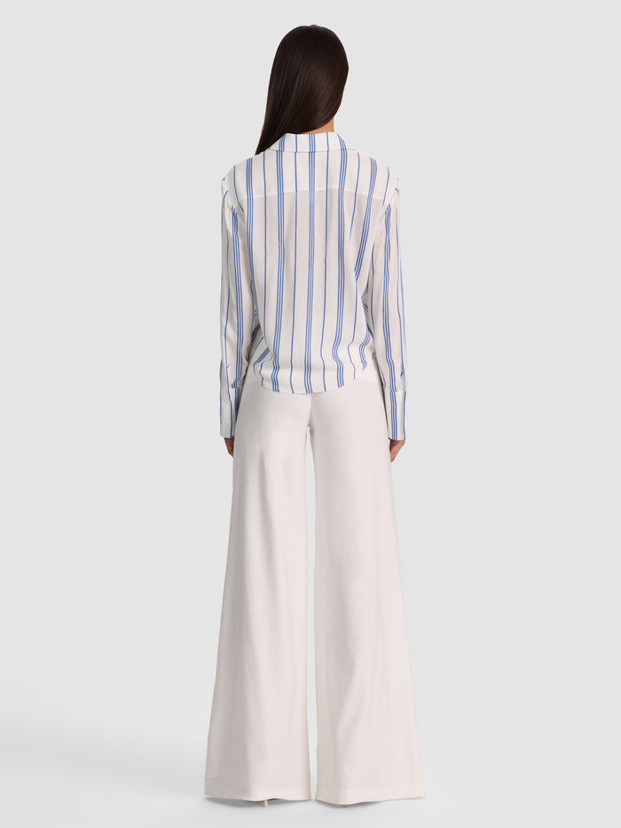 HANNON TIE FRONT BLOUSE - OFF WHITE/BLUE IRIS