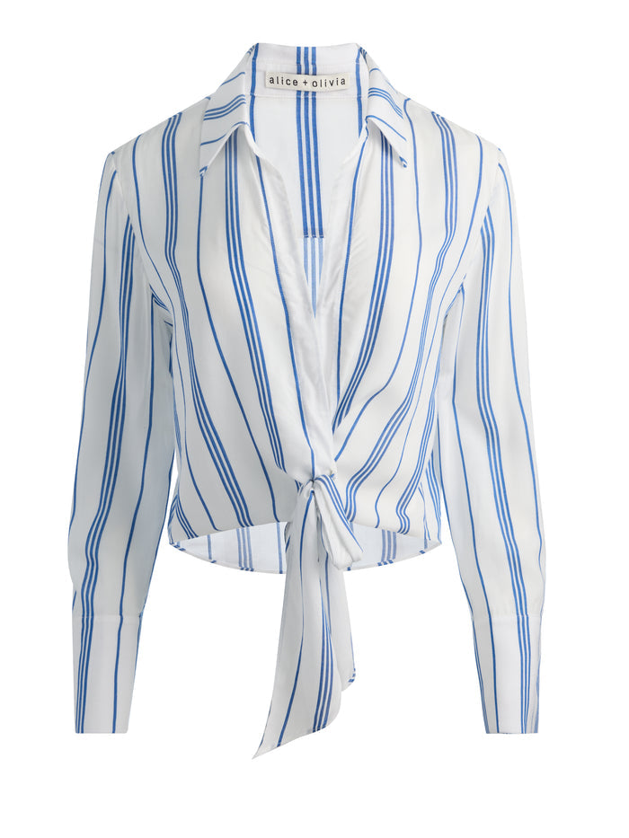 HANNON TIE FRONT BLOUSE - OFF WHITE/BLUE IRIS