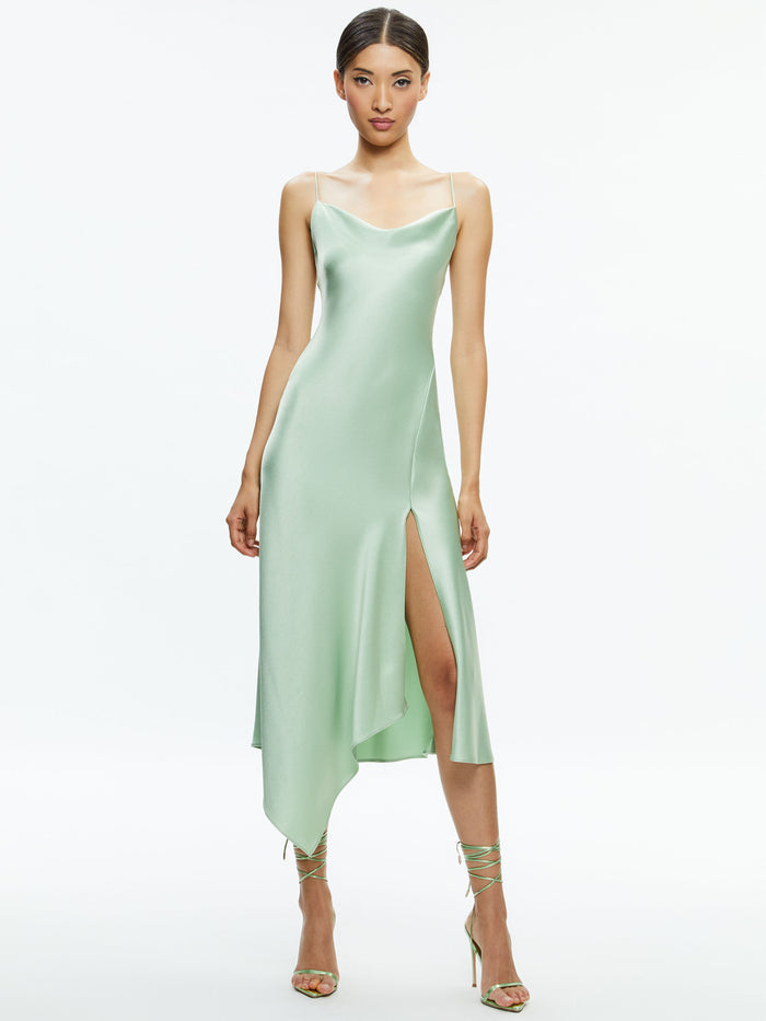 HARMONY DRAPEY ASYMMETRICAL MIDI DRESS - GREEN TEA