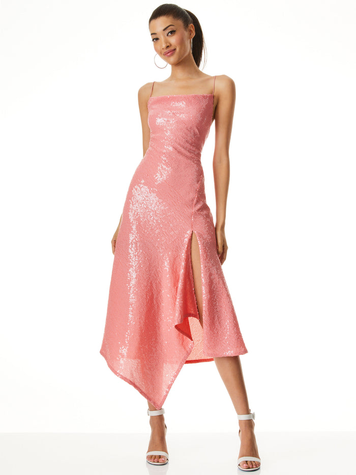 HARMONY SEQUIN ASYMMETRICAL DRESS WITH SLIT - ROSE