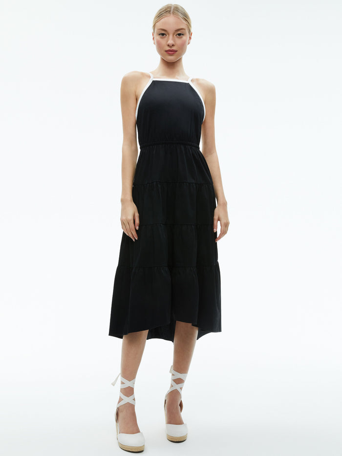 HARTLEY GATHERED MIDI DRESS - BLACK/OFF WHITE