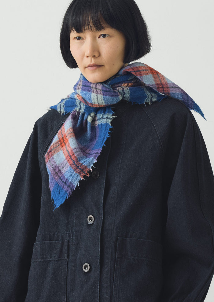 Heath Boiled Wool Check Scarf | Delft Blue