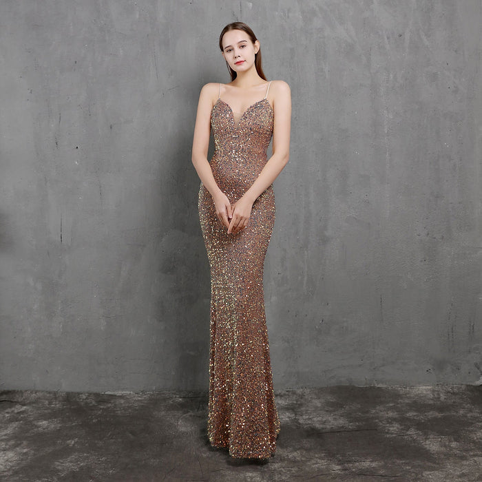 Heavy Craft Colorful Sequin Socialite Gathering Party Evening Dress Sexy Long Slimming Toast Dress Bride