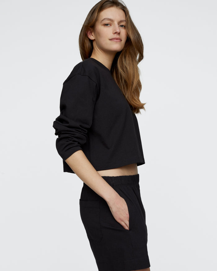 Heavyweight Jersey Long Sleeve Cropped Boxy Tee - Black