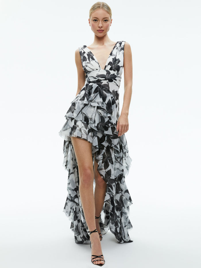 HOLLY LOW NECK ASYMMETRIC RUFFLED MAXI DRESS - STARGAZER OFF WHITE LG
