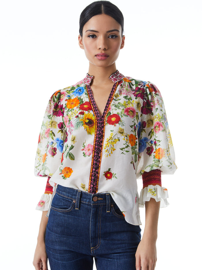 ILAN SMOCKED SLEEVE BUTTON FRONT BLOUSE - SUNDAY STROLL OFF WHITE/MULTI