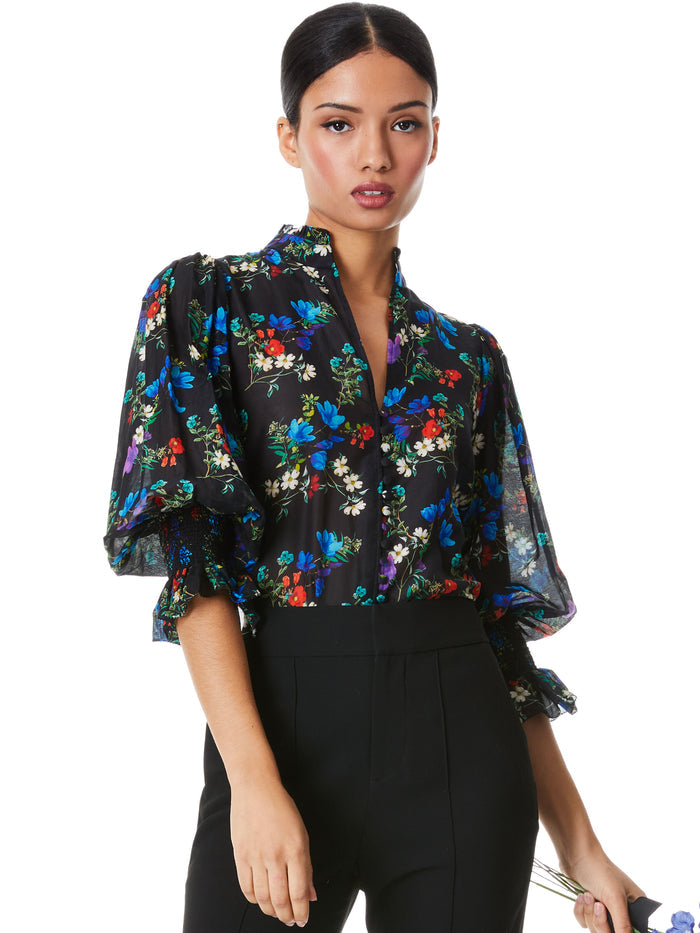 ILAN SMOCKED SLEEVE BUTTON FRONT BLOUSE - BEAUTIFUL BLOOMS SMALL BLACK