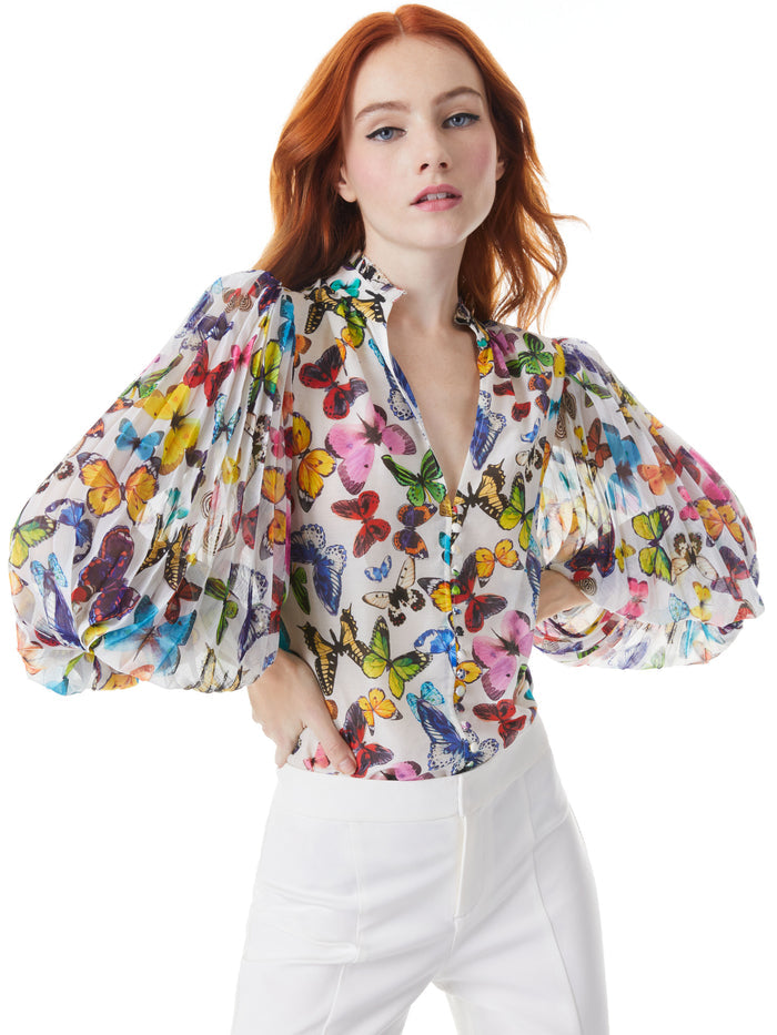ILAN SMOCKED SLEEVE BUTTON FRONT BLOUSE - BUTTERFLY HIGH OFF WHITE