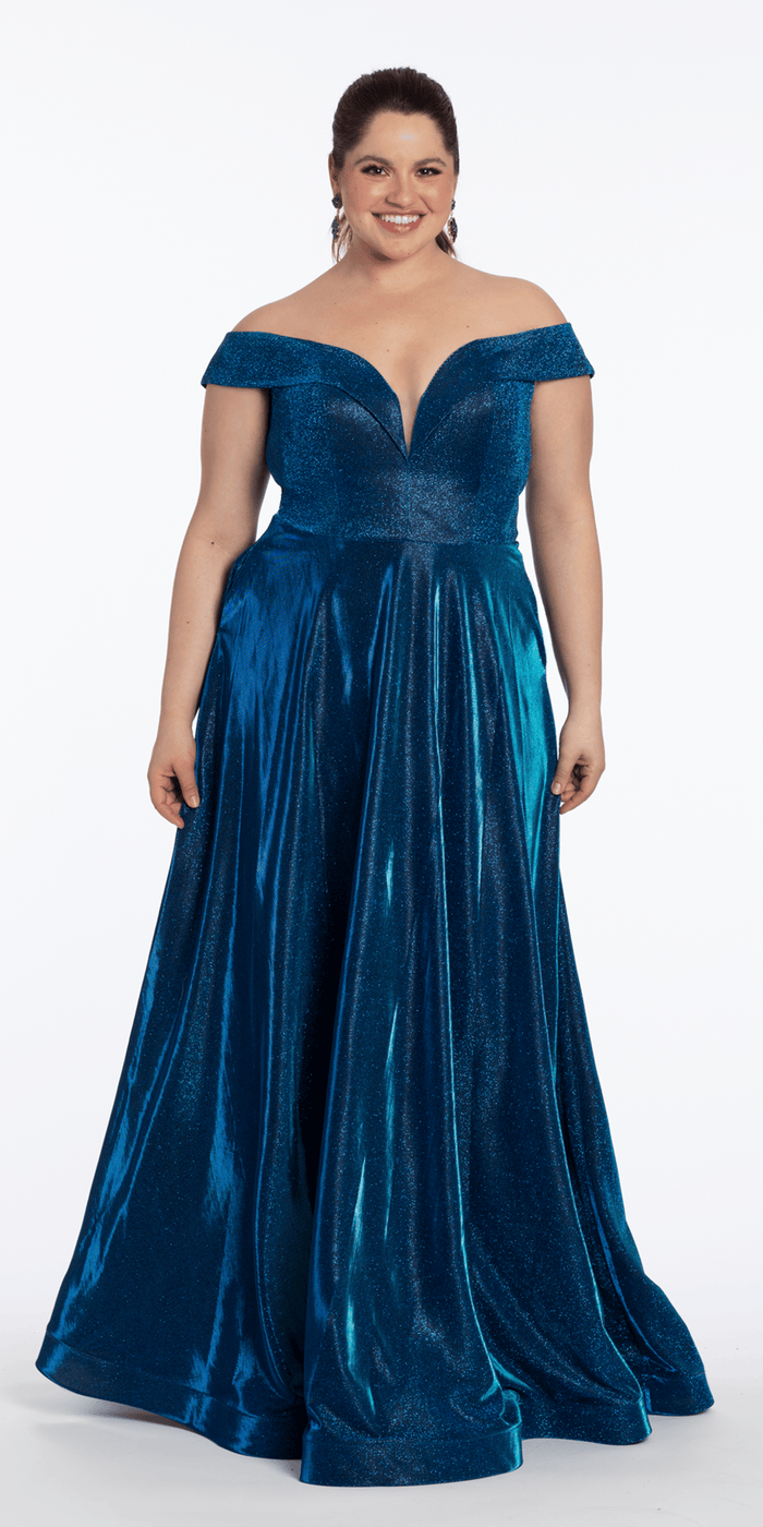 blue/size/14/plus/Camille La Vie/Iridescent Metallic Glitter Off the Shoulder Plunge A Line Dress/front