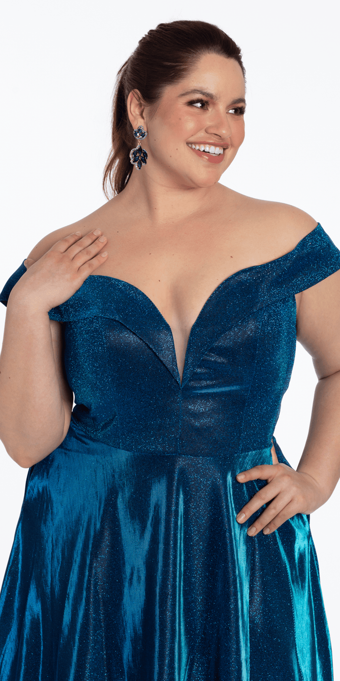 blue/size/14/plus/Camille La Vie/Iridescent Metallic Glitter Off the Shoulder Plunge A Line Dress/close up