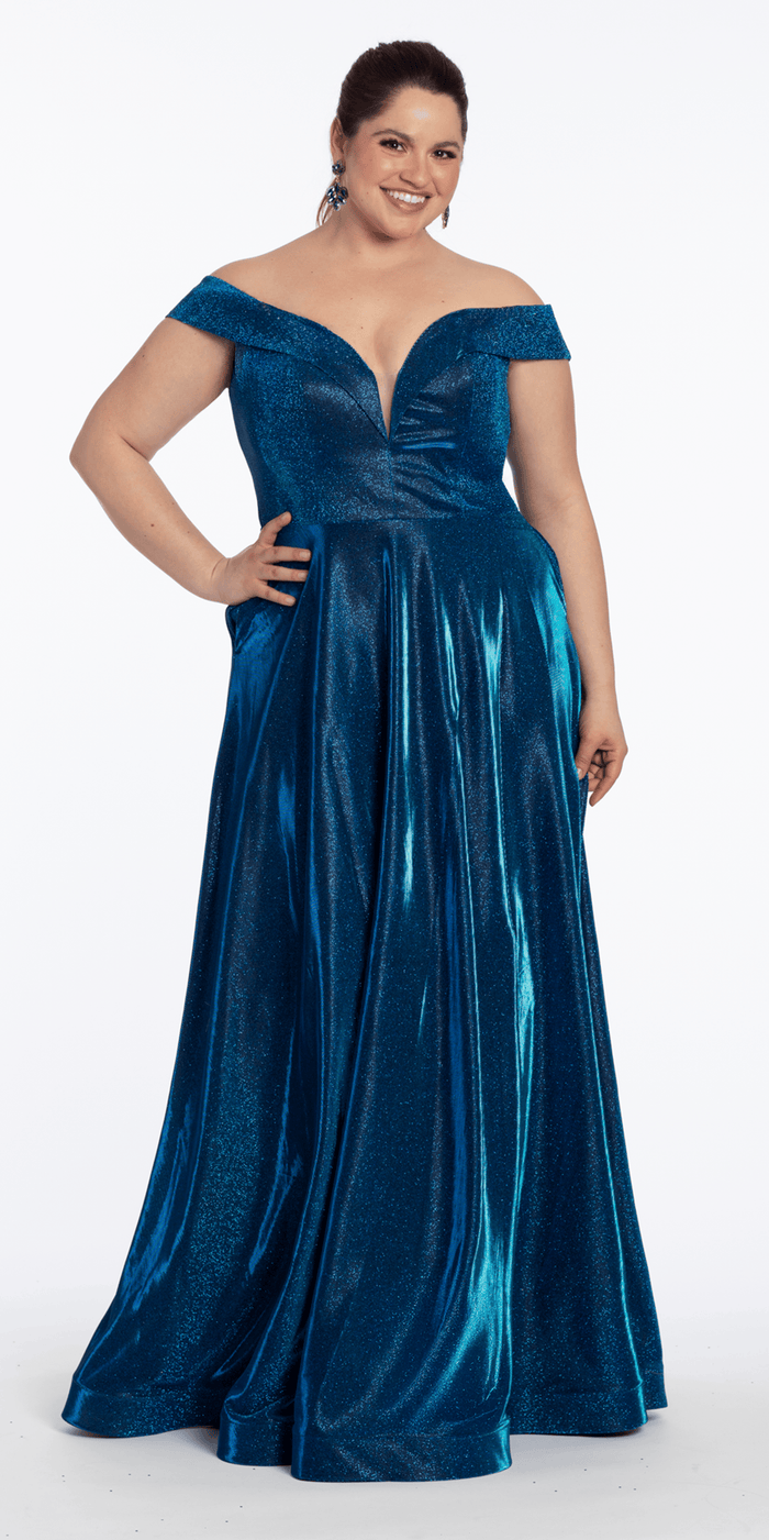 blue/size/14/plus/Camille La Vie/Iridescent Metallic Glitter Off the Shoulder Plunge A Line Dress/front alt