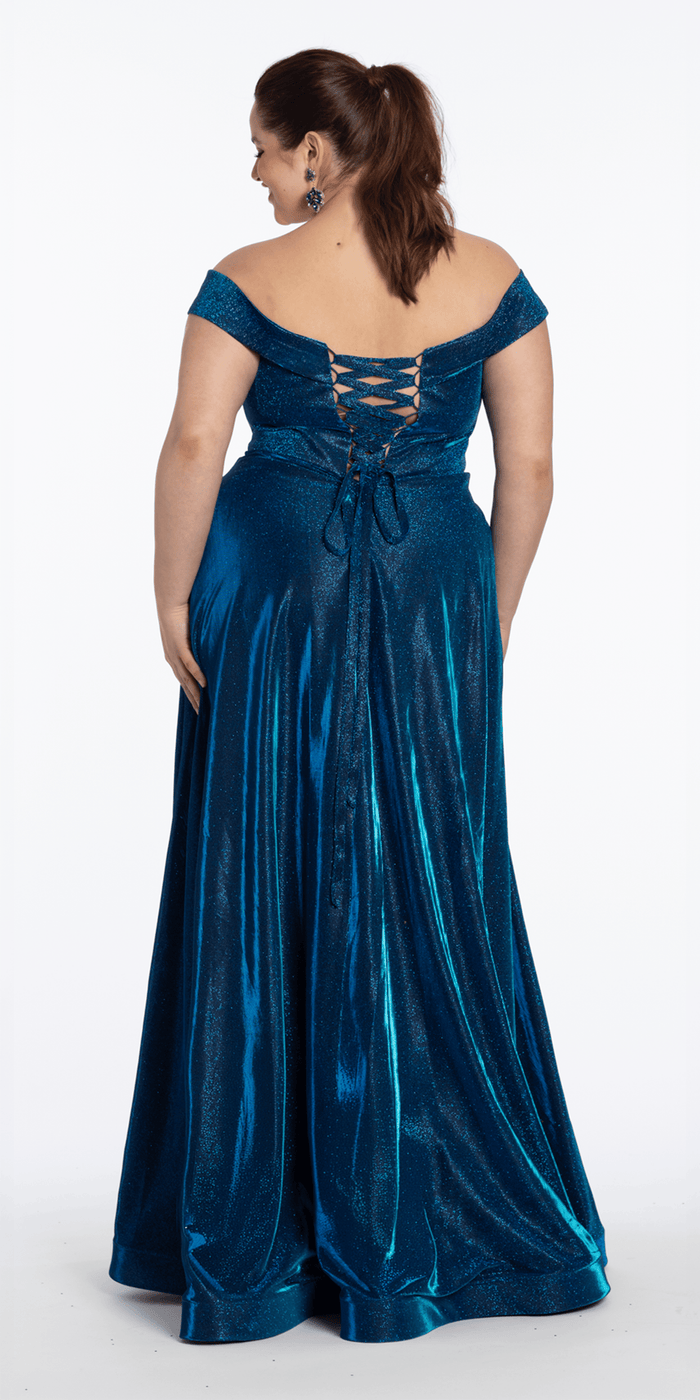blue/size/14/plus/Camille La Vie/Iridescent Metallic Glitter Off the Shoulder Plunge A Line Dress/back