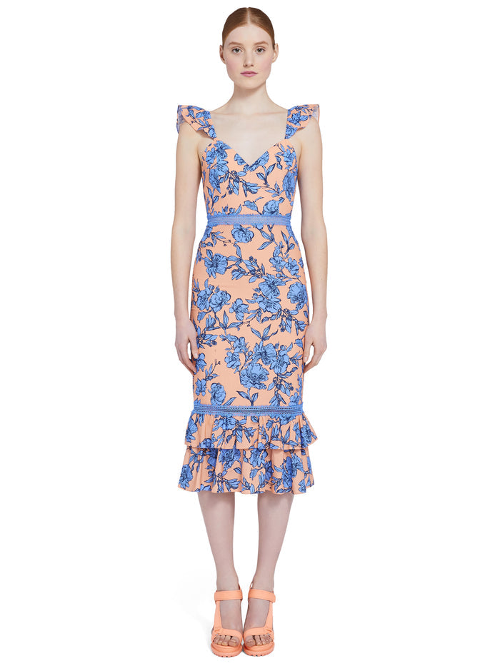 JADE FLORAL RUFFLE MIDI DRESS - SKETCH FLORAL LG LT PCH/PARADS
