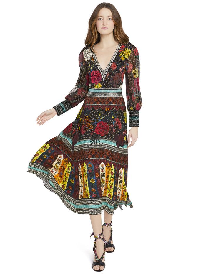 JANEY V-NECK FLARE DRESS - MONA MULTI/COMBO