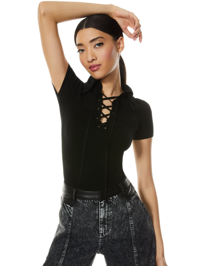 JANINE LACE UP POLO SWEATER - BLACK