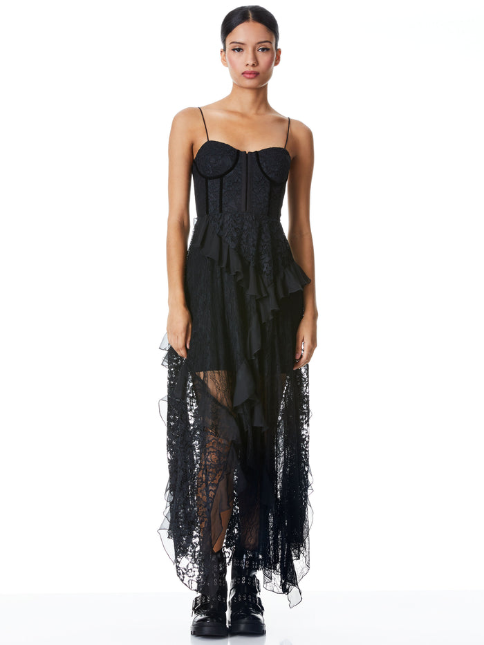 JEMMA LACE ASYMMETRICAL CORSET DRESS - BLACK