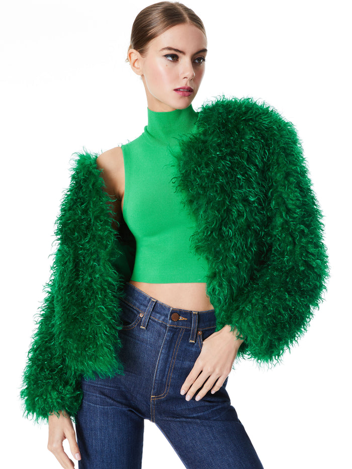 JERRIE COLLARLESS FAUX FUR COAT - EMERALD
