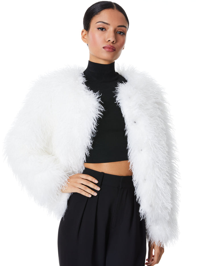 JERRIE COLLARLESS FAUX FUR COAT - WHITE