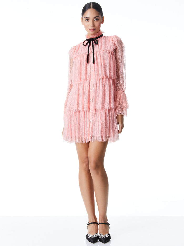 JOANIE TIERED RUFFLE BUTTONDOWN DRESS - PINK/BLACK